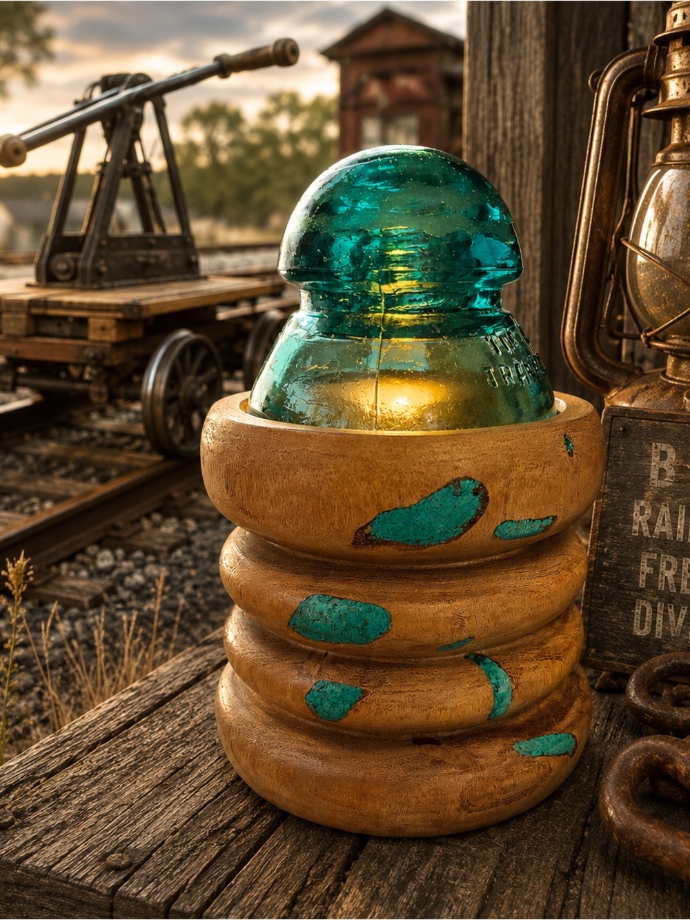 B&W Handcrafted Redneck Fairy Lamp – Teal Glass Insulator & Turned Wood